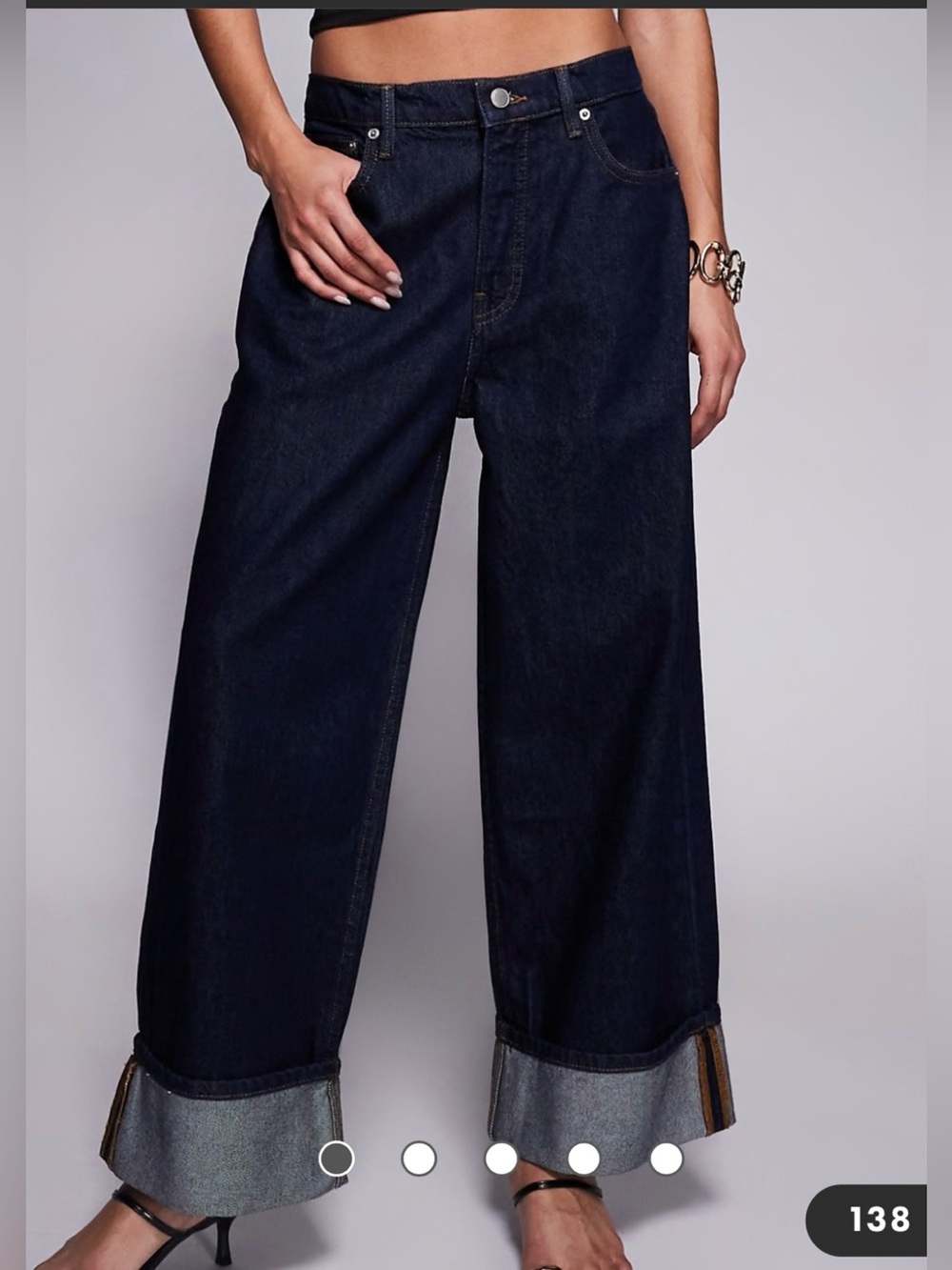 Good American Dark Indigo Wide Leg Cuffed Jeans